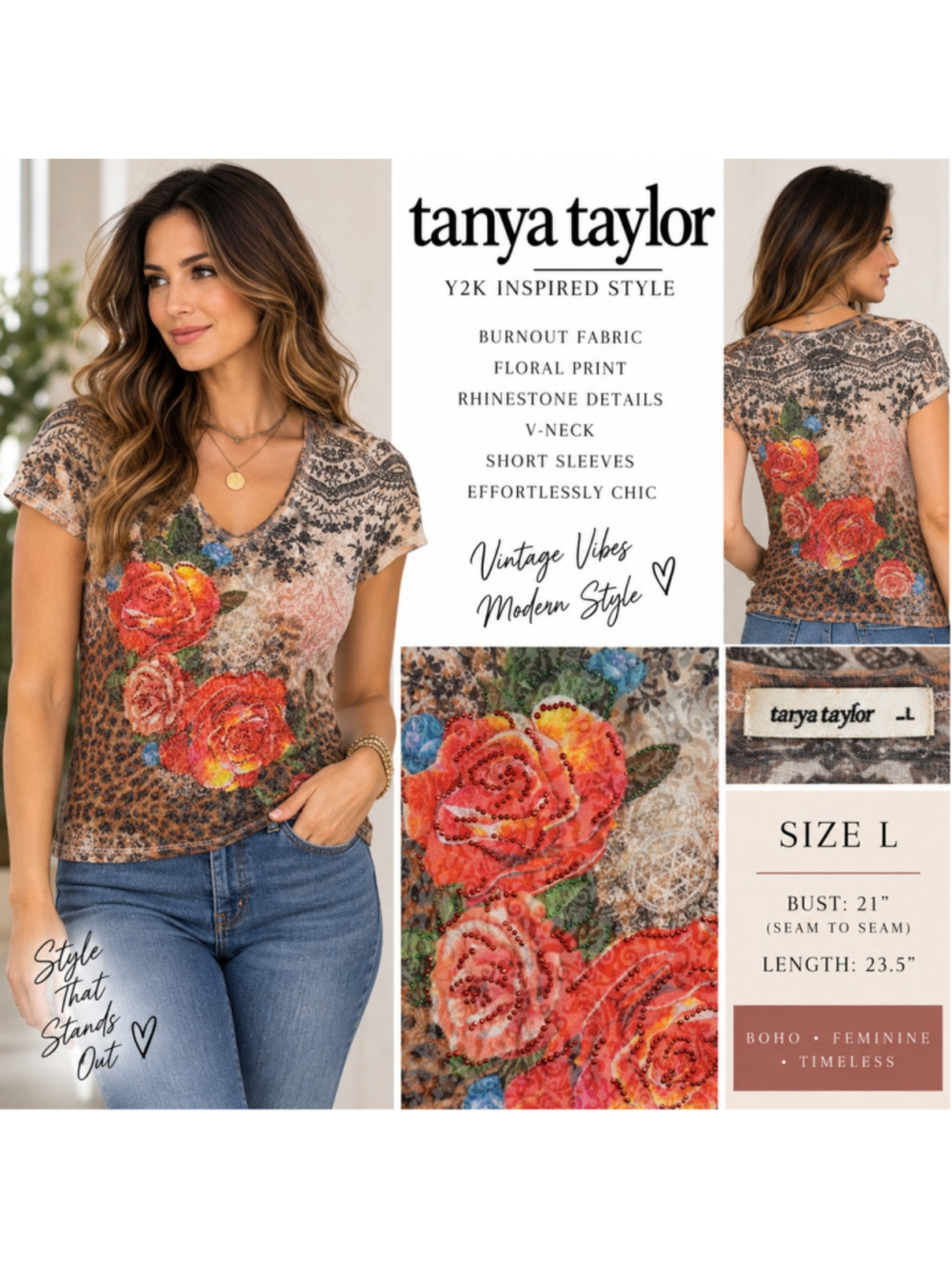 Wo

Y2K Tanya Taylor Floral Rhinestone Short Sleeve Tee, Size Large